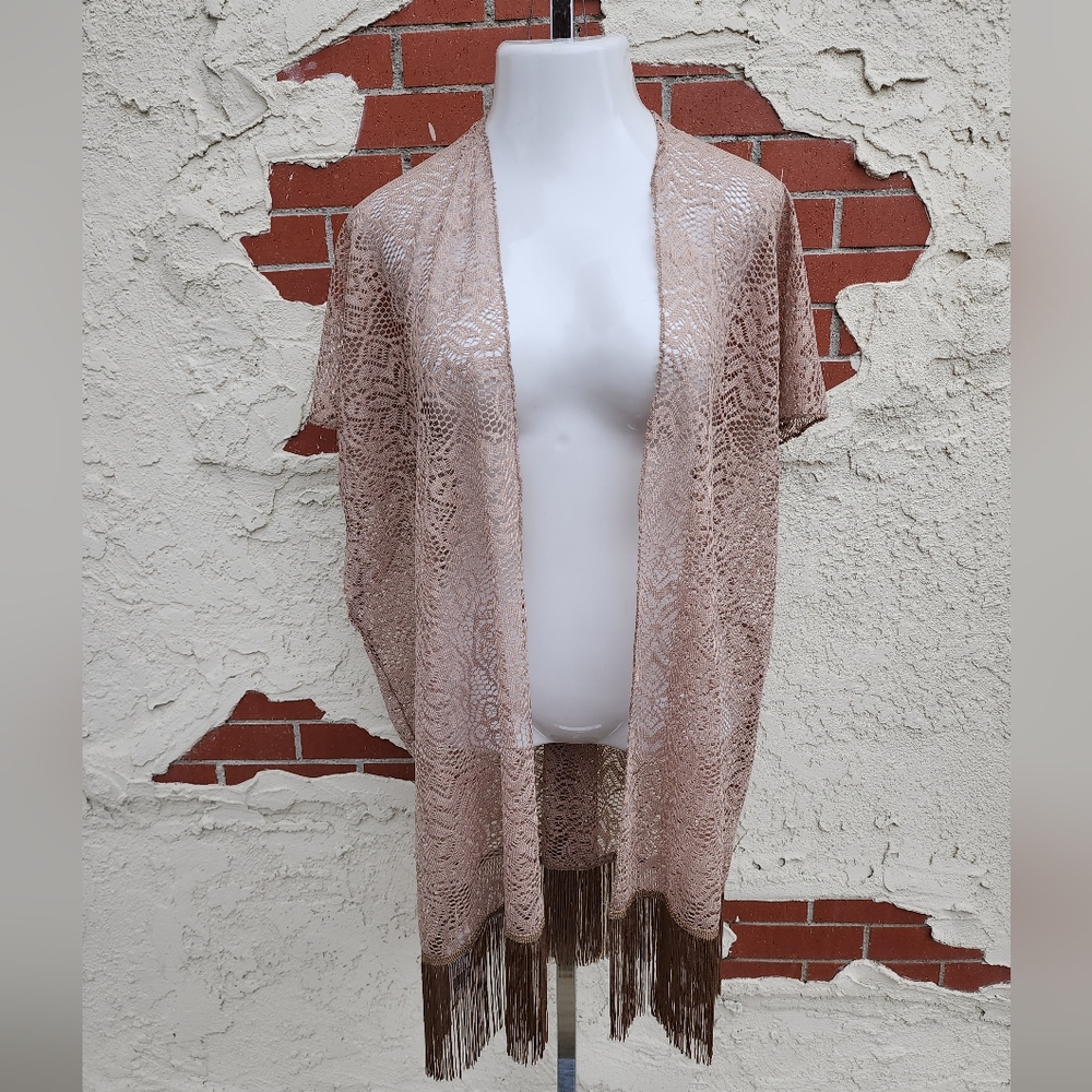 XL / 1X women Cruise Club Lace Kimono Cover Up Nude Fringes